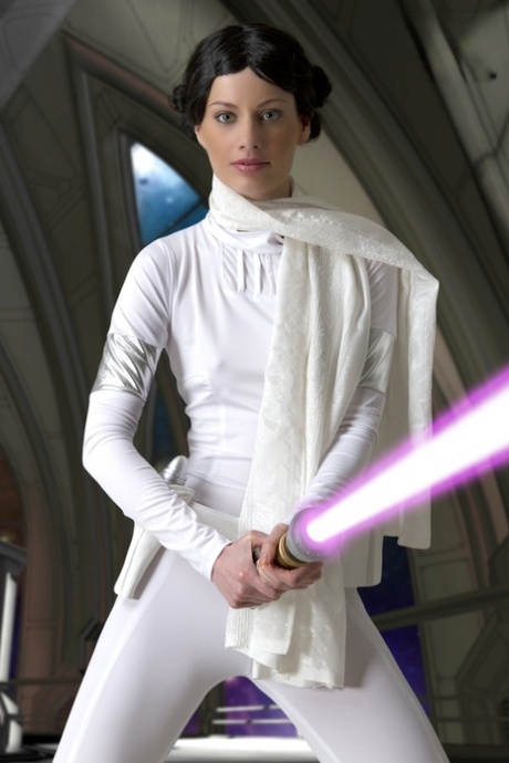 Living doll wields a lightsaber while emulating Princess Leah