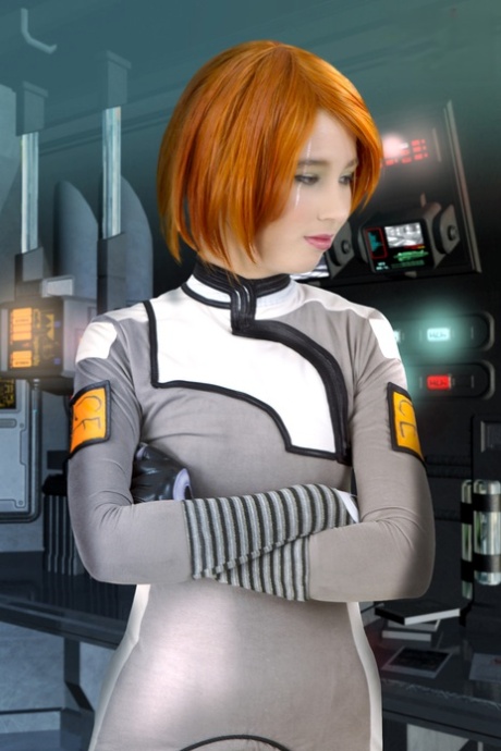 Sexy redhead works her female parts free of her cosplay outfit