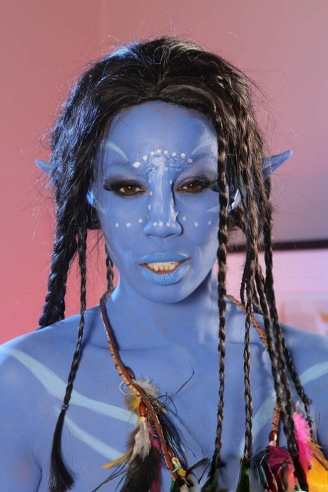 Cosplay beauty Misty Stone takes cock in nothing but blue body paint