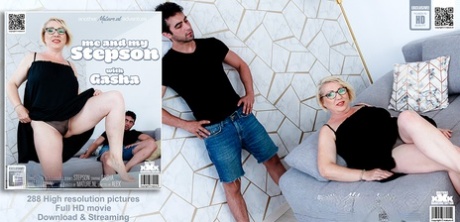 Old blonde woman wears her glasses during sex with her toy boy