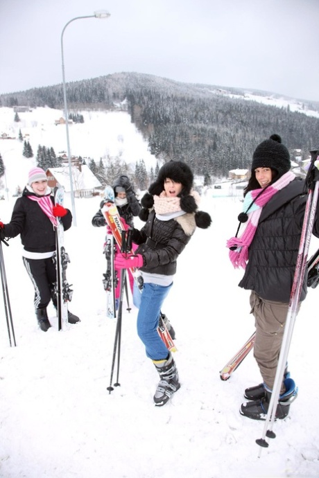 Kinky European teens undress and have hot groupsex after skiing all day