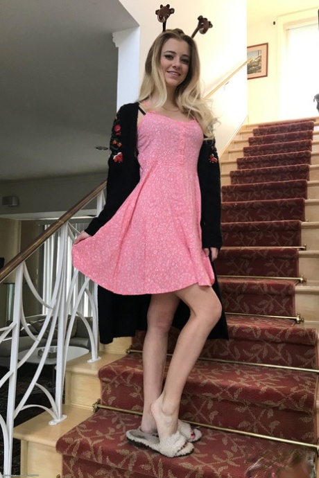 Skinny teen with a round ass Riley Star displays her meaty pussy up close