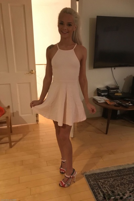 Short blonde Elsa Jean posing half naked and dressed up in a compilation