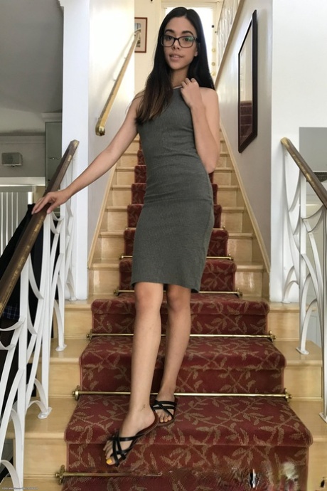 Slim nerdy teen Harmony Wonder hikes up her dress and touches her twat