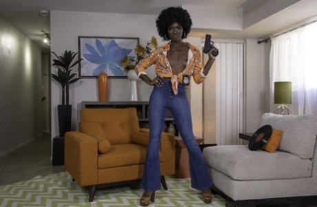 Ebony with an afro Ana Foxxx strips and flaunts her black butt in a solo